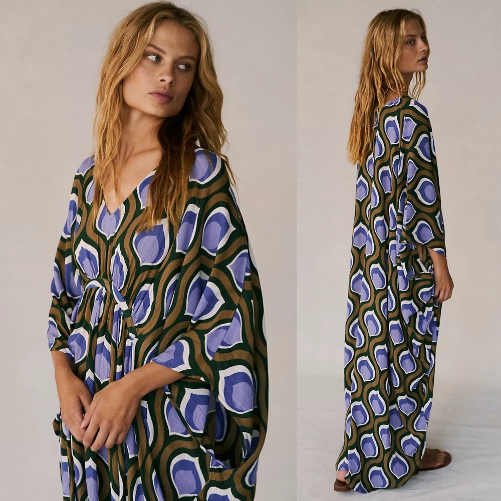 New Free People Groovy Baby Maxi Kaftan Peacock Olive Lavender Dress One Size - Picture 4 of 10
